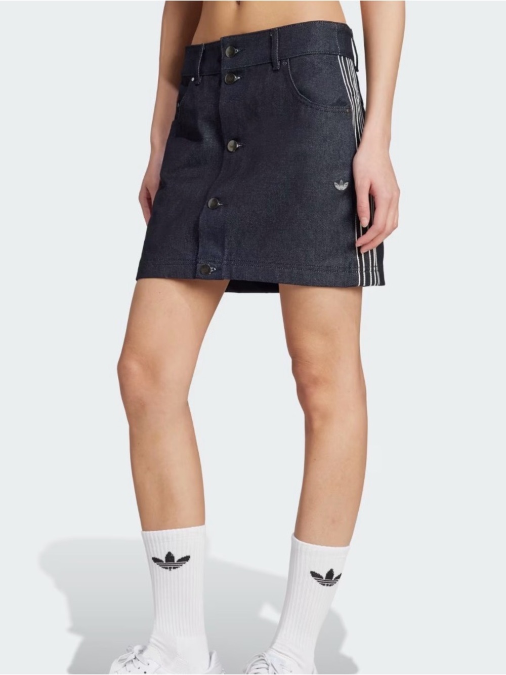 adidas Black Denim Button-Front Mini Skirt with Side 3-Stripes - size 24/XS